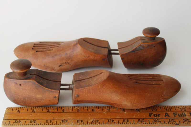 photo of vintage shoe stretchers w/ wooden knob handles, carved wood foot shape shoe trees  #8