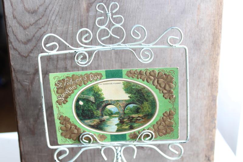 photo of vintage shop display sign card holder, chippy mint green painted wire work stand #2