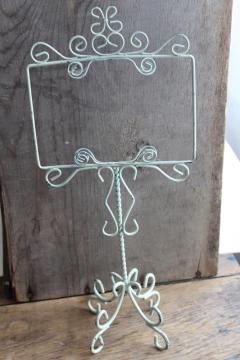 catalog photo of vintage shop display sign card holder, chippy mint green painted wire work stand