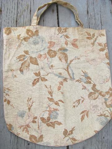 photo of vintage shopping bag or tote, faded roses print on natural linen #1