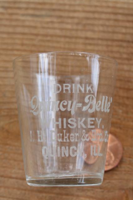 photo of vintage shot glass liquor advertising Quincy Belle whiskey J H Duker Quincy Illinois #1