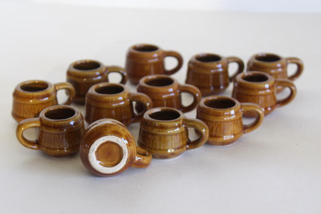 photo of vintage shot glasses, little pottery beer barrel mugs set of 12 miniature steins #4