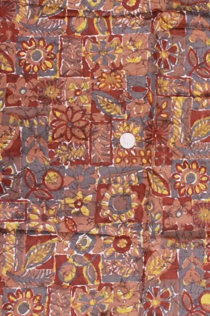 photo of vintage silk fabric w/ batik style print in brown & saffron yellow gold #1