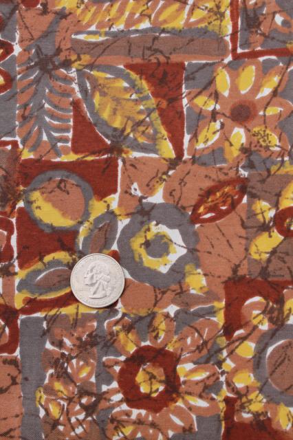 photo of vintage silk fabric w/ batik style print in brown & saffron yellow gold #2