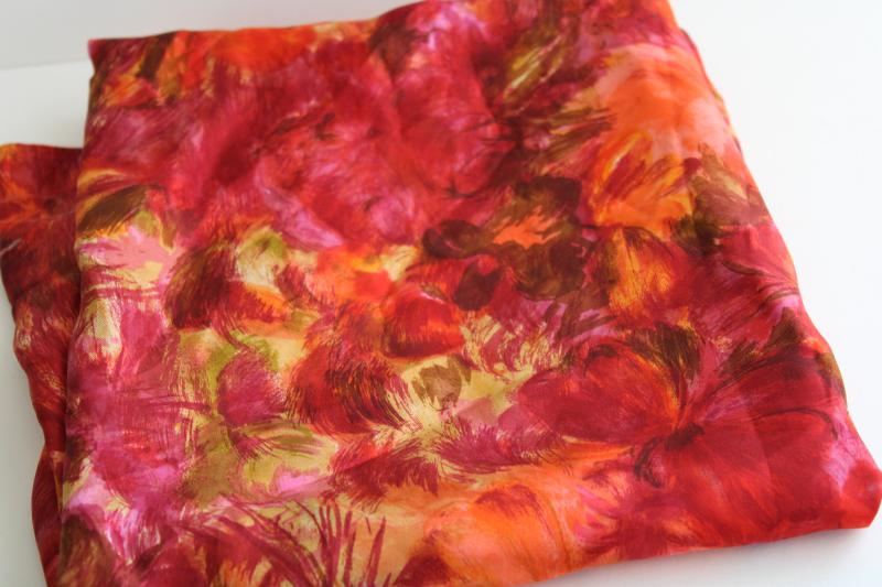 photo of vintage silk fabric w/ watercolor style print in ruby red, orange, pink, gold #1