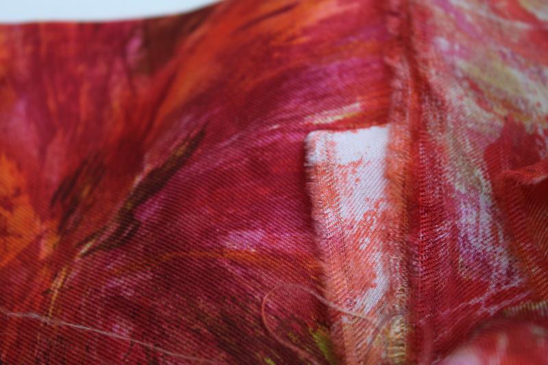 photo of vintage silk fabric w/ watercolor style print in ruby red, orange, pink, gold #2