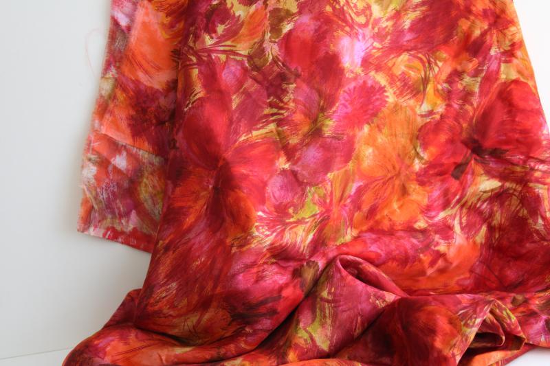 photo of vintage silk fabric w/ watercolor style print in ruby red, orange, pink, gold #3