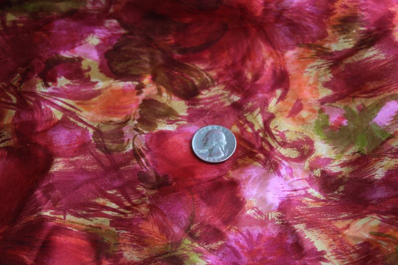 photo of vintage silk fabric w/ watercolor style print in ruby red, orange, pink, gold #5