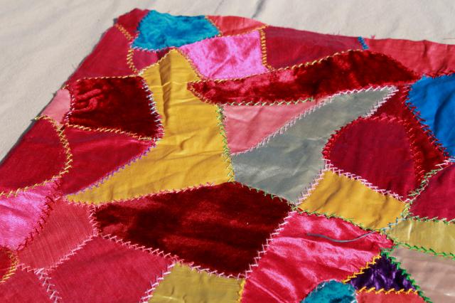 photo of vintage silk satin & velvet crazy quilt embroidery pillow tops, jewel colors bohemian gypsy style! #2