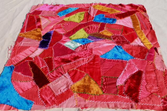 photo of vintage silk satin & velvet crazy quilt embroidery pillow tops, jewel colors bohemian gypsy style! #4