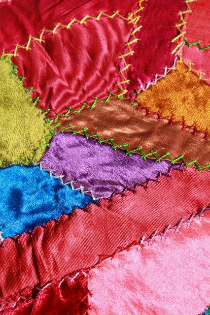 photo of vintage silk satin & velvet crazy quilt embroidery pillow tops, jewel colors bohemian gypsy style! #6