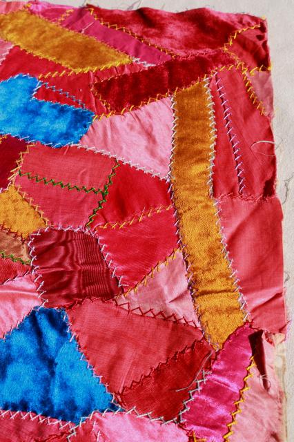 photo of vintage silk satin & velvet crazy quilt embroidery pillow tops, jewel colors bohemian gypsy style! #7