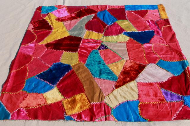 photo of vintage silk satin & velvet crazy quilt embroidery pillow tops, jewel colors bohemian gypsy style! #9