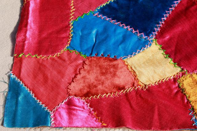 photo of vintage silk satin & velvet crazy quilt embroidery pillow tops, jewel colors bohemian gypsy style! #10