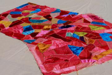 catalog photo of vintage silk satin & velvet crazy quilt embroidery pillow tops, jewel colors bohemian gypsy style!