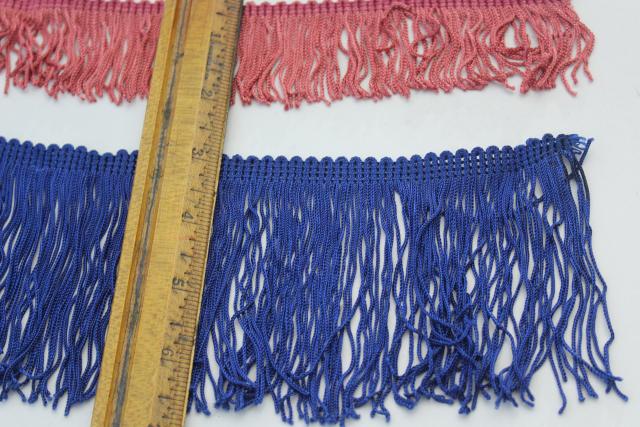 photo of vintage silky rayon fringe lampshade or pillow sewing trim, rose pink & royal blue #2