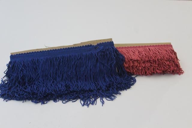 photo of vintage silky rayon fringe lampshade or pillow sewing trim, rose pink & royal blue #3