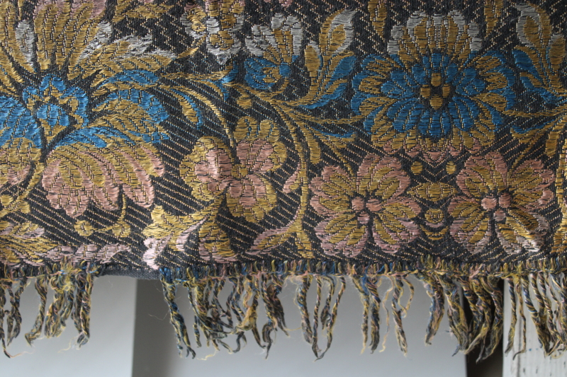 photo of vintage silky rayon fringed brocade throw, shawl or tablecloth, jewel colors w/ black #3