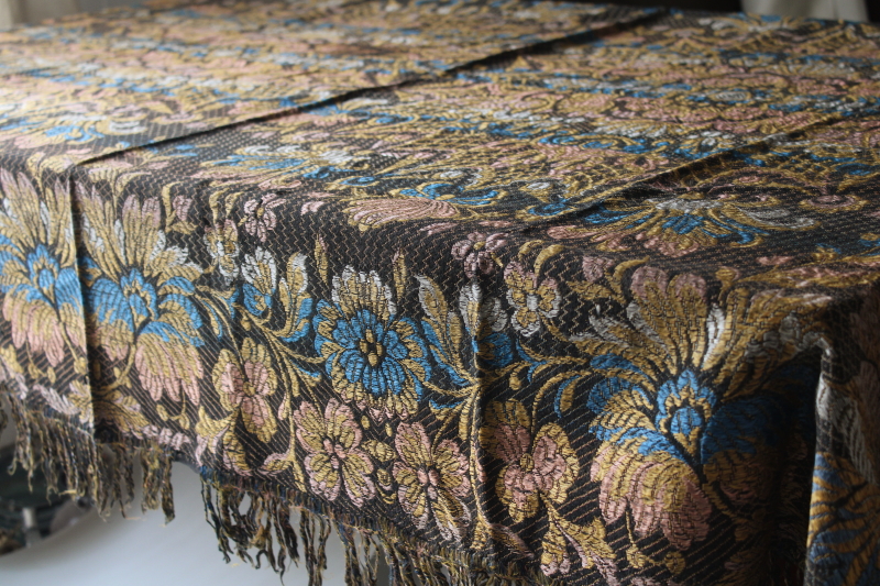 photo of vintage silky rayon fringed brocade throw, shawl or tablecloth, jewel colors w/ black #4