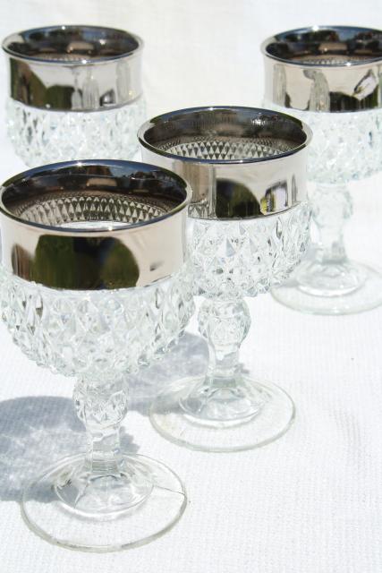 photo of vintage silver band diamond point pattern Indiana glass water goblets or wine glasses #1