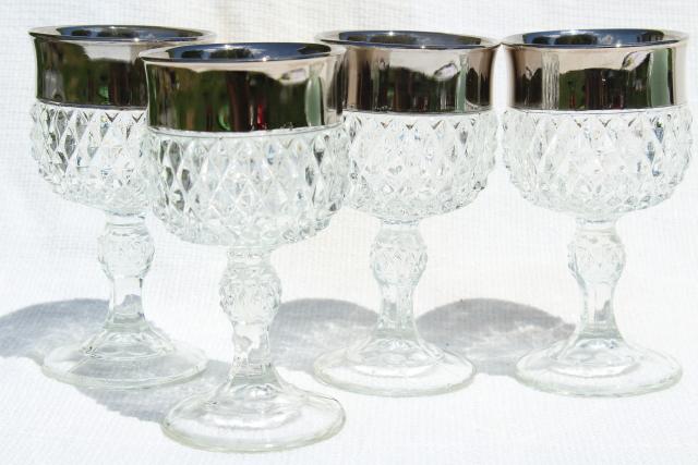 photo of vintage silver band diamond point pattern Indiana glass water goblets or wine glasses #2