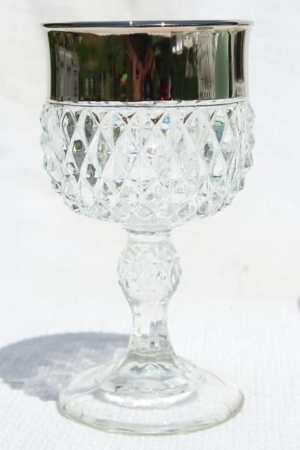 photo of vintage silver band diamond point pattern Indiana glass water goblets or wine glasses #3