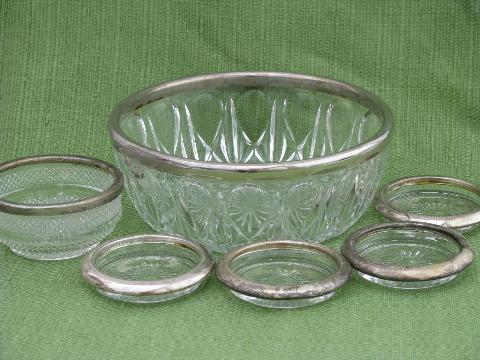 photo of vintage silver band glassware, large & small bowls, drink coasters #1