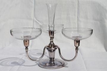 catalog photo of vintage silver candelabrum candle holder w/ glass epergne vase & candle bowls