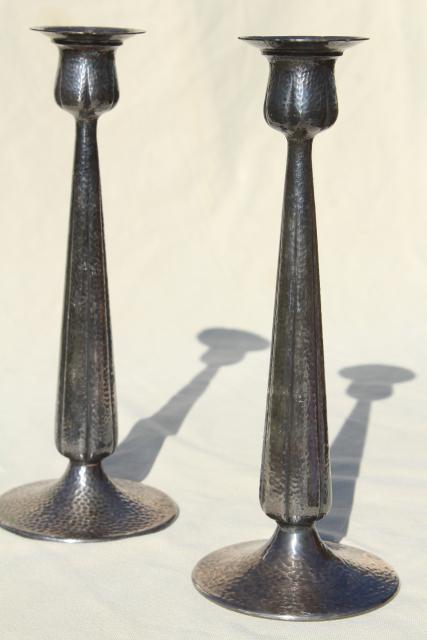 photo of vintage silver candlesticks w/ hammered finish, tarnished antique silver plate #1