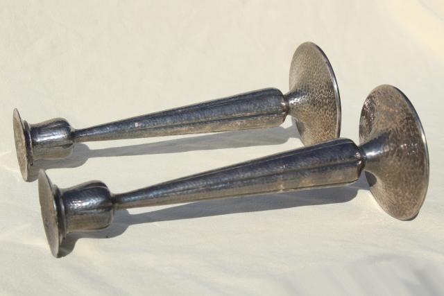 photo of vintage silver candlesticks w/ hammered finish, tarnished antique silver plate #6