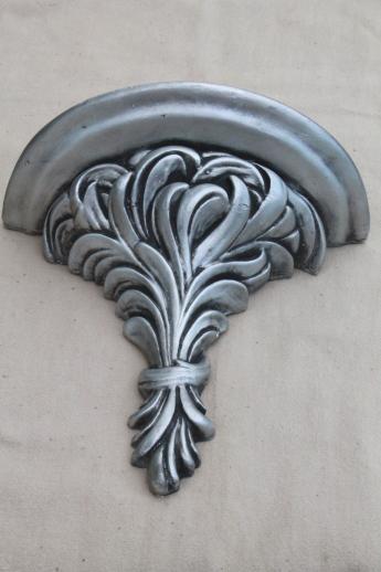 photo of vintage silver chalkware wall bracket shelf, medieval french renaissance style #4