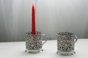 catalog photo of vintage silver chrome candle holders, handled candlesticks lantern pierced filigree