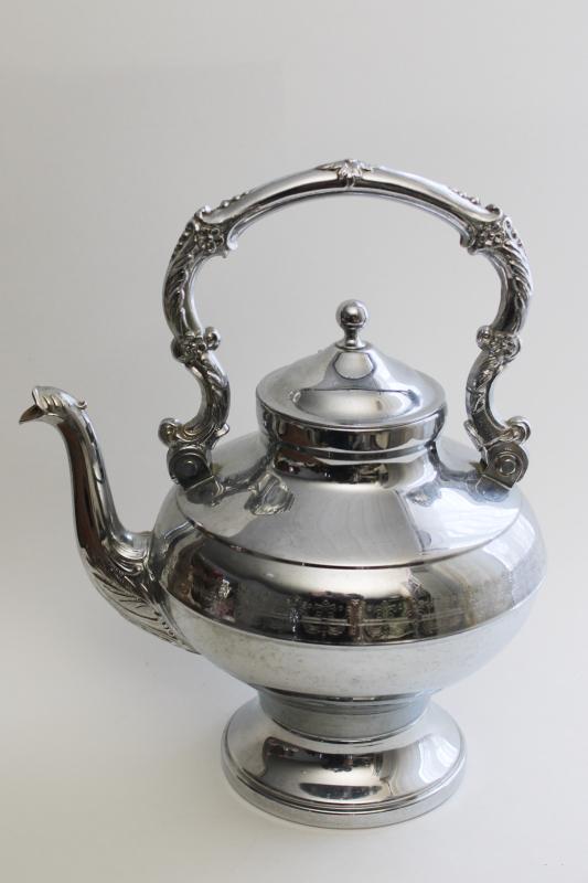 photo of vintage silver chrome tea kettle teapot on stand, old fashioned English tea party decor #8
