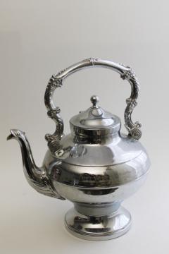 catalog photo of vintage silver chrome tea kettle teapot on stand, old fashioned English tea party decor