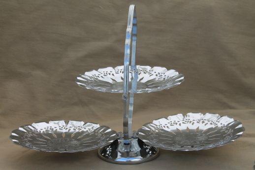 photo of vintage silver chrome tea table serving pieces - sandwich trays, butter dish, tiered plate for cake or scones #9