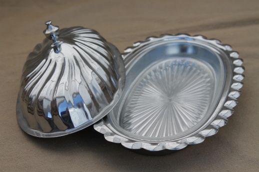 photo of vintage silver chrome tea table serving pieces - sandwich trays, butter dish, tiered plate for cake or scones #16