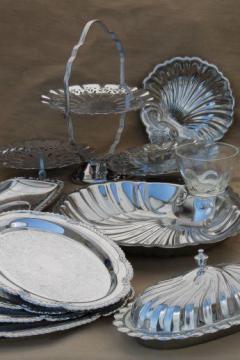 catalog photo of vintage silver chrome tea table serving pieces - sandwich trays, butter dish, tiered plate for cake or scones