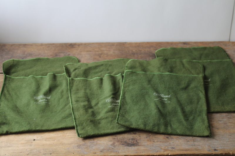 photo of vintage silver cloth storage bags lot, moss green flannel pouches C D Peacock Chicago #1