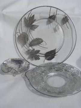 catalog photo of vintage silver deposit overlay glass, large cake plate, footed bowl