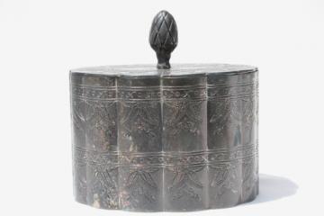 catalog photo of vintage silver jewelry box, antique casket tea caddy shape box lined in velvet