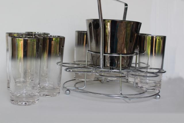 photo of vintage silver ombre color fade drinking glasses, ice bucket cocktail set in caddy #3