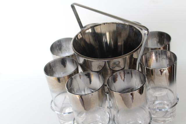 photo of vintage silver ombre color fade drinking glasses, ice bucket cocktail set in caddy #9