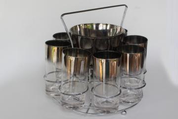 catalog photo of vintage silver ombre color fade drinking glasses, ice bucket cocktail set in caddy