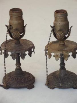 catalog photo of antique electric lamps, pair ornate cast iron lights w/ pull chains