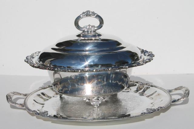 photo of vintage silver over copper buffet service chafing dish & round serving tray w/ handles #1