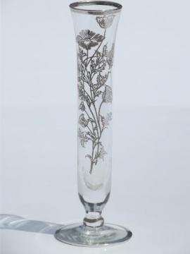 catalog photo of vintage silver overlay glass bud vase, Flanders poppy silver deposit glass 