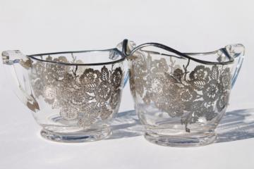 catalog photo of vintage silver overlay glass cream & sugar set, silver deposit floral pattern