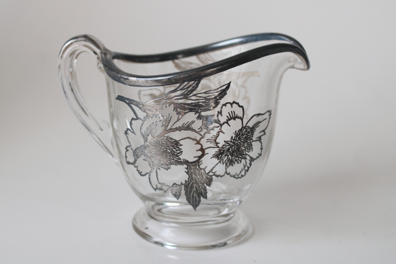 photo of vintage silver overlay glass creamer, cream pitcher w/ poppies floral  #2