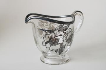 catalog photo of vintage silver overlay glass creamer, cream pitcher w/ poppies floral 