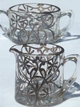 catalog photo of vintage silver overlay glass creamer & sugar set, cream pitcher & bowl 